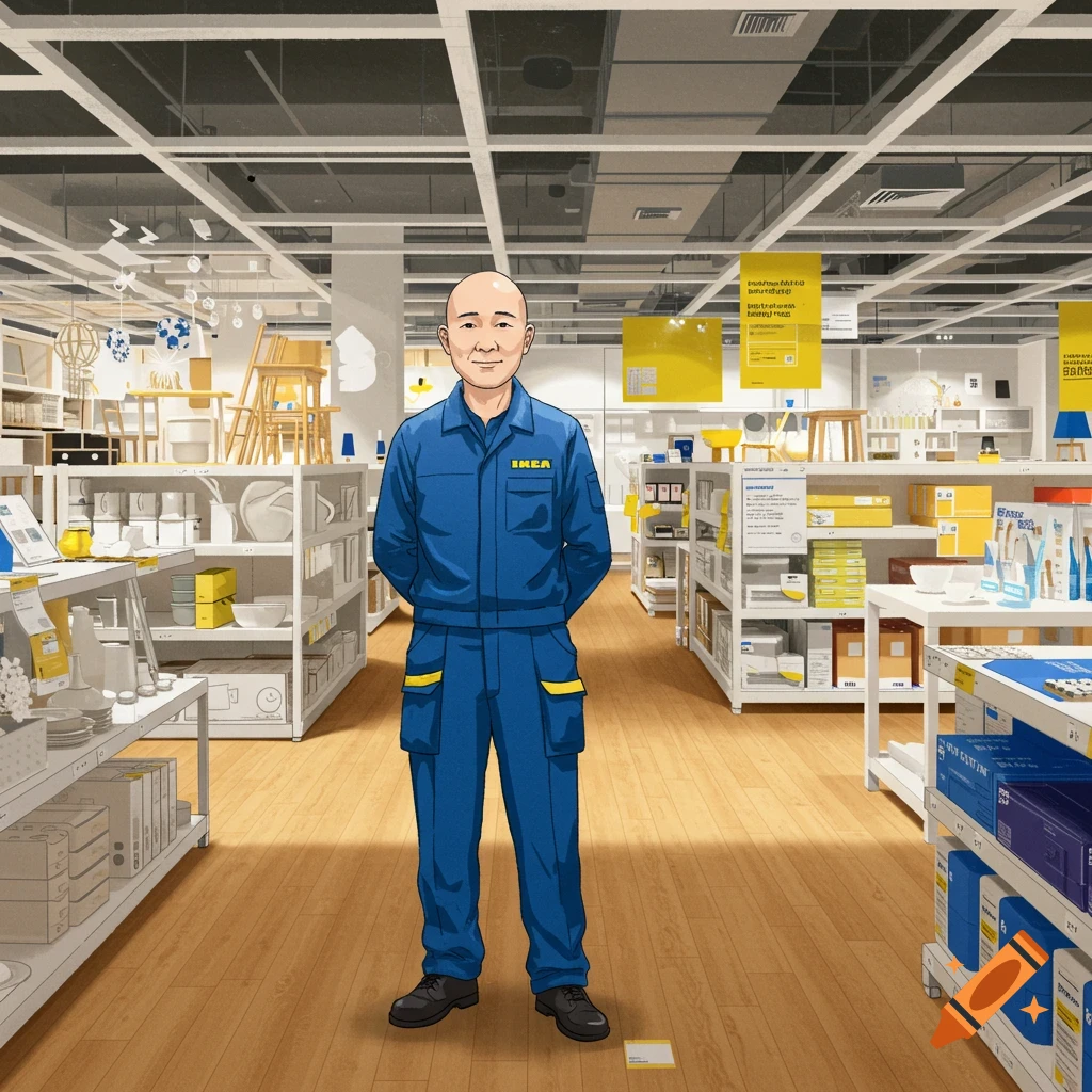 An illustration of a bald man in a blue IKEA uniform standing in the middle of an IKEA store aisle.