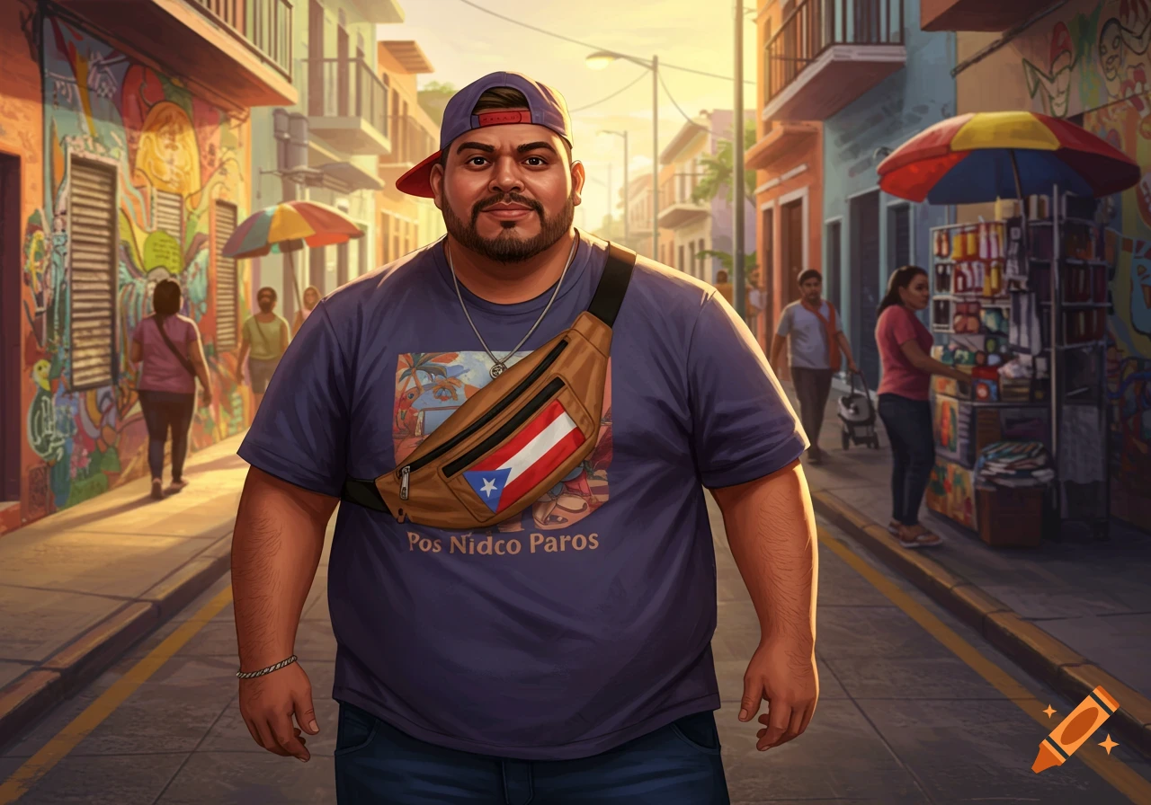 A man with a beard and baseball cap wears a fanny pack with a Puerto Rican flag over a t-shirt, standing in a colorful street.