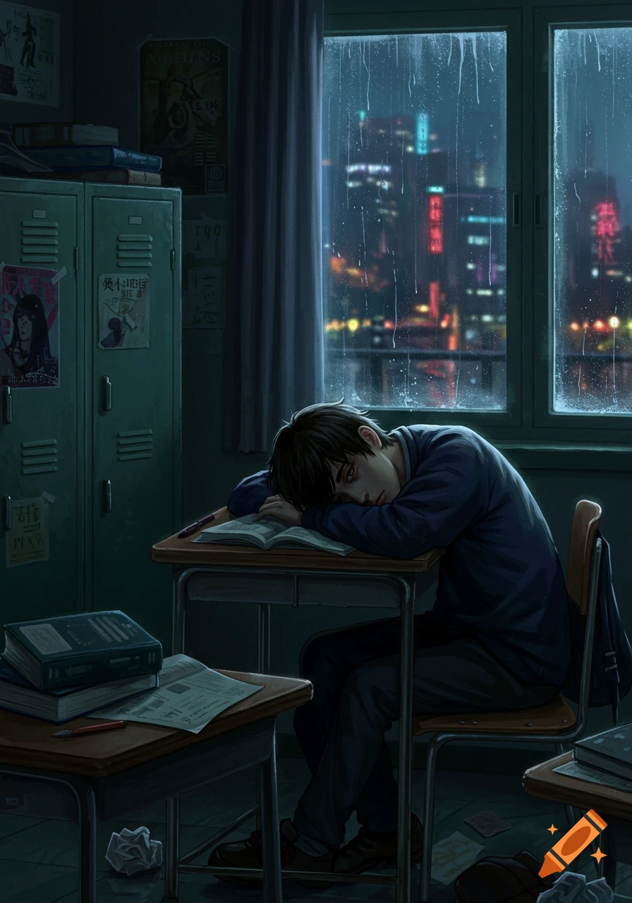 A sad, tired high school student in a dark classroom, head resting on a book on a desk, with a rainy city visible through the window.