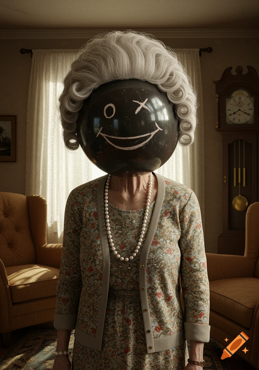 A photorealistic image of an elderly woman with a large black bowling ball for a head, wearing a grey wig and a poorly drawn smiley face.