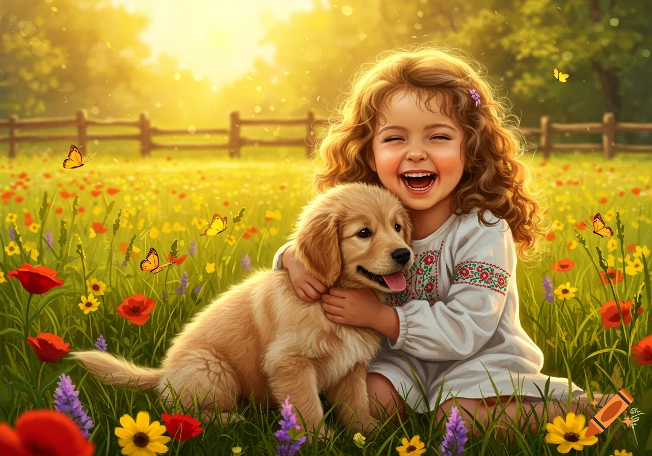 A joyful young girl embraces a golden retriever puppy in a vibrant, sunlit field filled with colorful flowers and butterflies.