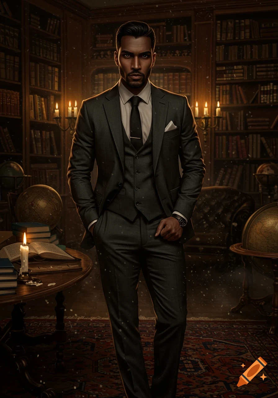 A handsome man in a dark three-piece suit stands confidently in a dimly lit library filled with bookshelves, globes, and candles.