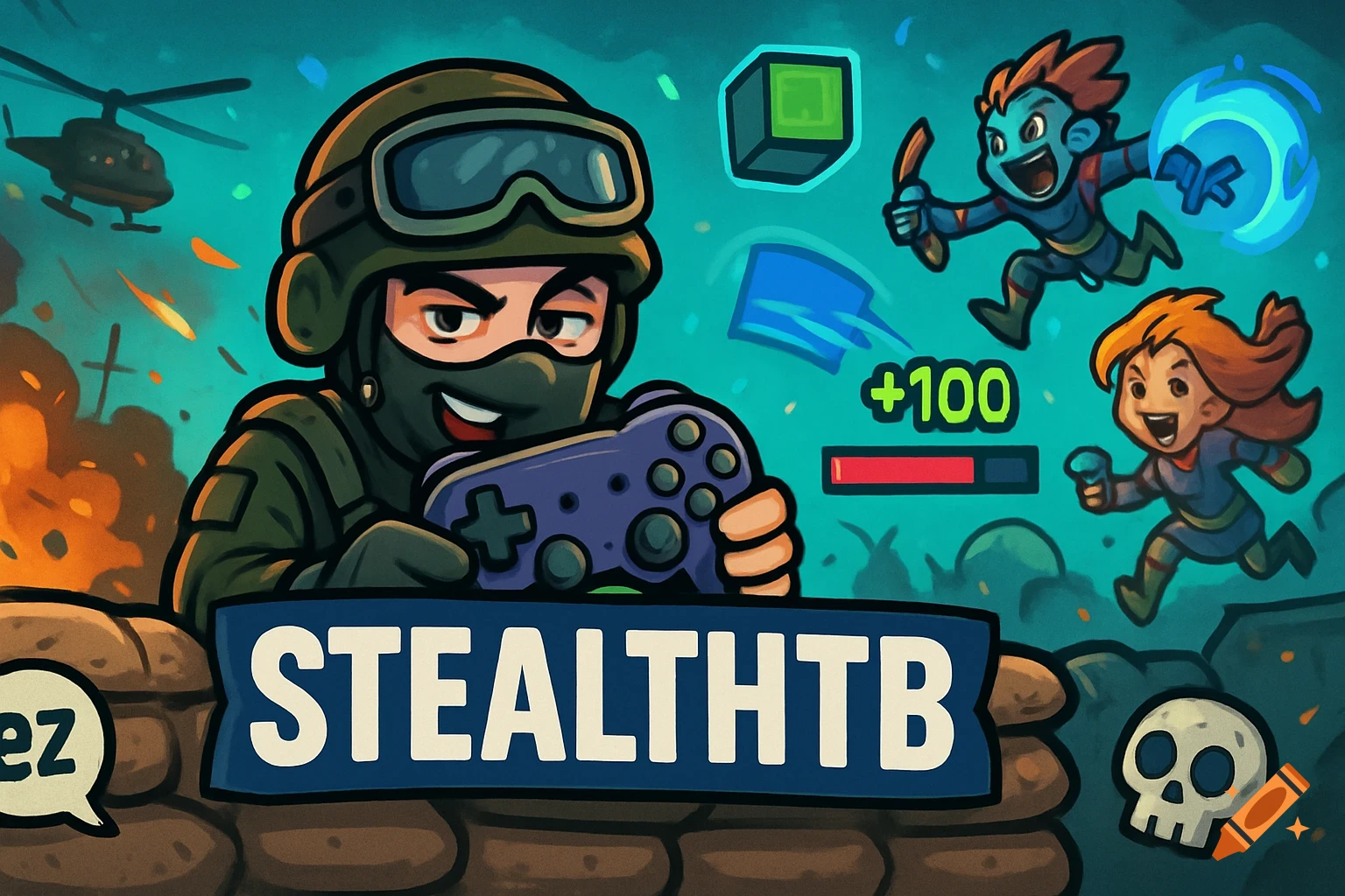 Cartoon soldier with a controller in front of a sandbag wall, with the text "STEALTHTB". In the background are other cartoon characters, a helicopter, and explosions, in a game-style illustration.