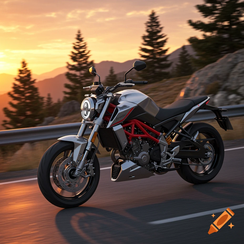 Photorealistic image of a silver and red motorcycle on a winding mountain road at sunset.