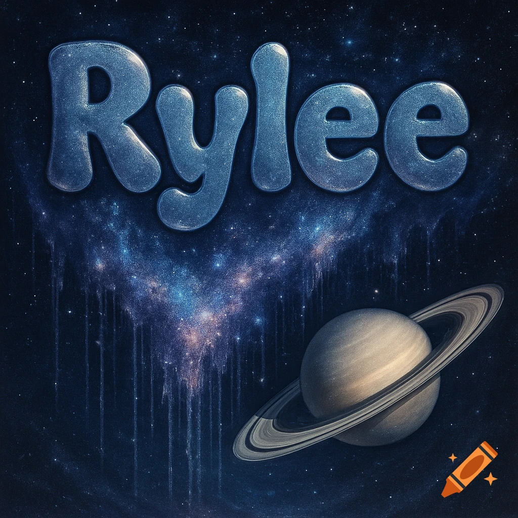 The name Rylee in blue bubble letters against a dark starry galaxy with dripping cosmic dust and planet Saturn.