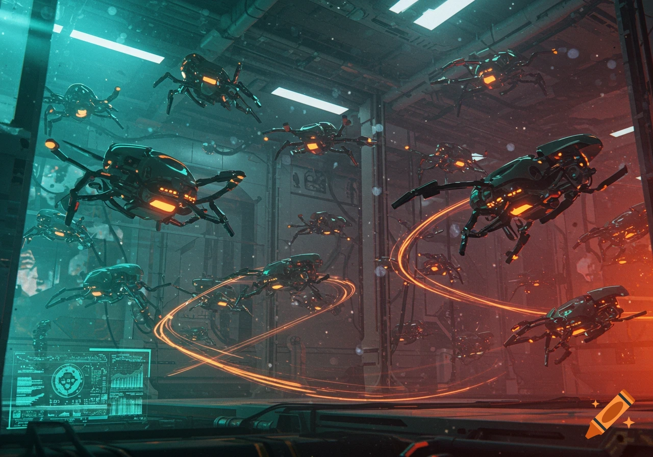 A swarm of futuristic, glowing robotic spiders flies through a dark, industrial sci-fi hallway with neon lights.