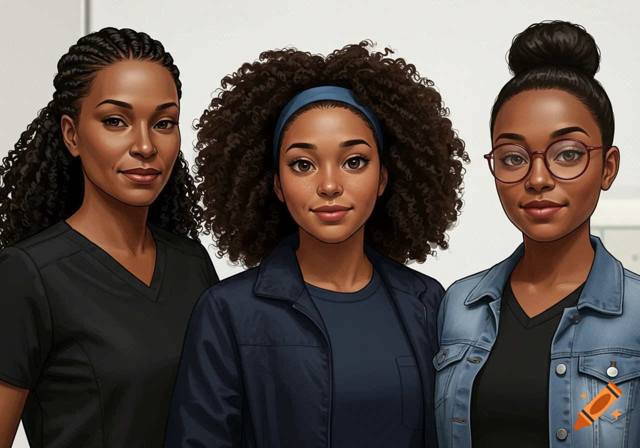 Realistic cartoon illustration of three African American women with diverse hairstyles and clothing, standing side-by-side.