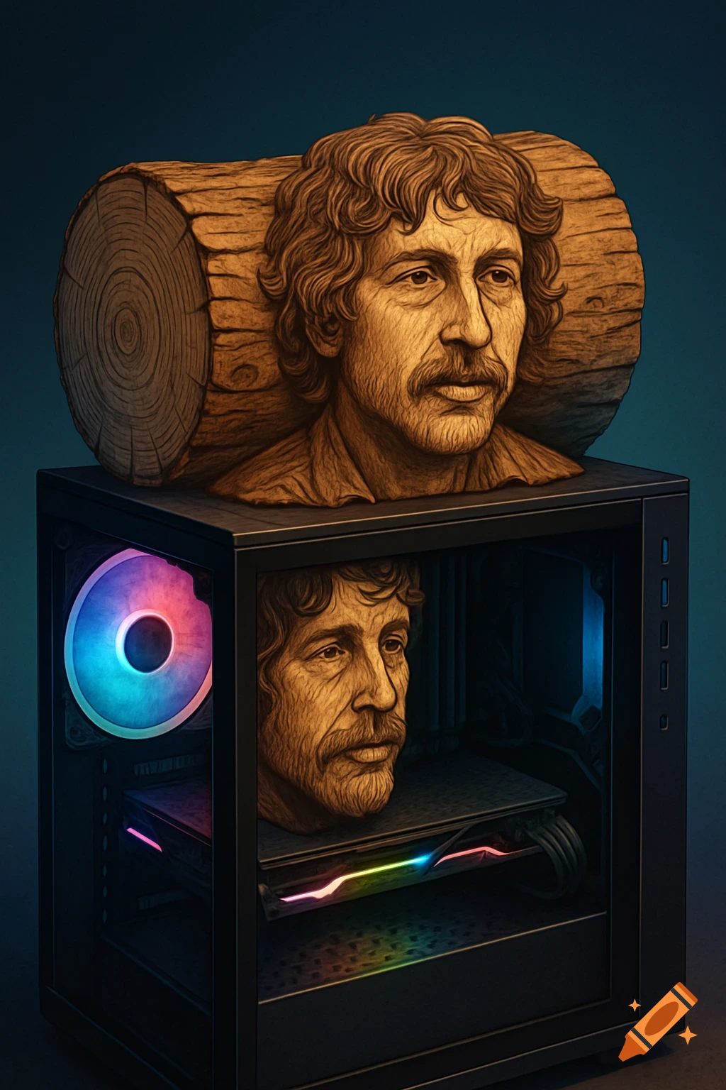 A wooden bust of a man with curly hair and a mustache sits atop a gaming PC, with a smaller identical bust visible inside.
