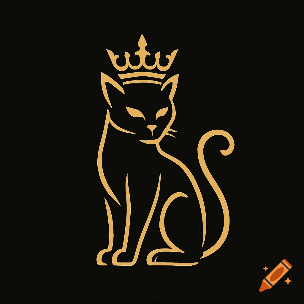 Stylized gold outline of a sitting cat wearing a crown against a black background.