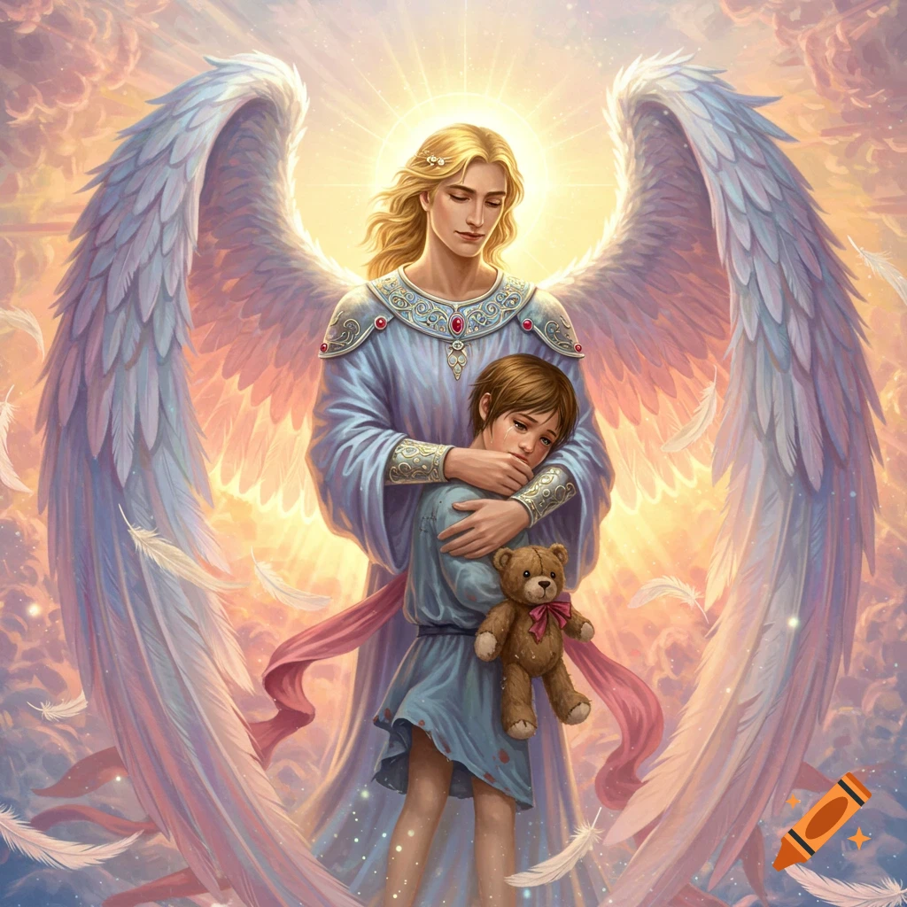 An archangel with large feathered wings in a blue robe comforts a crying child holding a teddy bear, bathed in golden light.