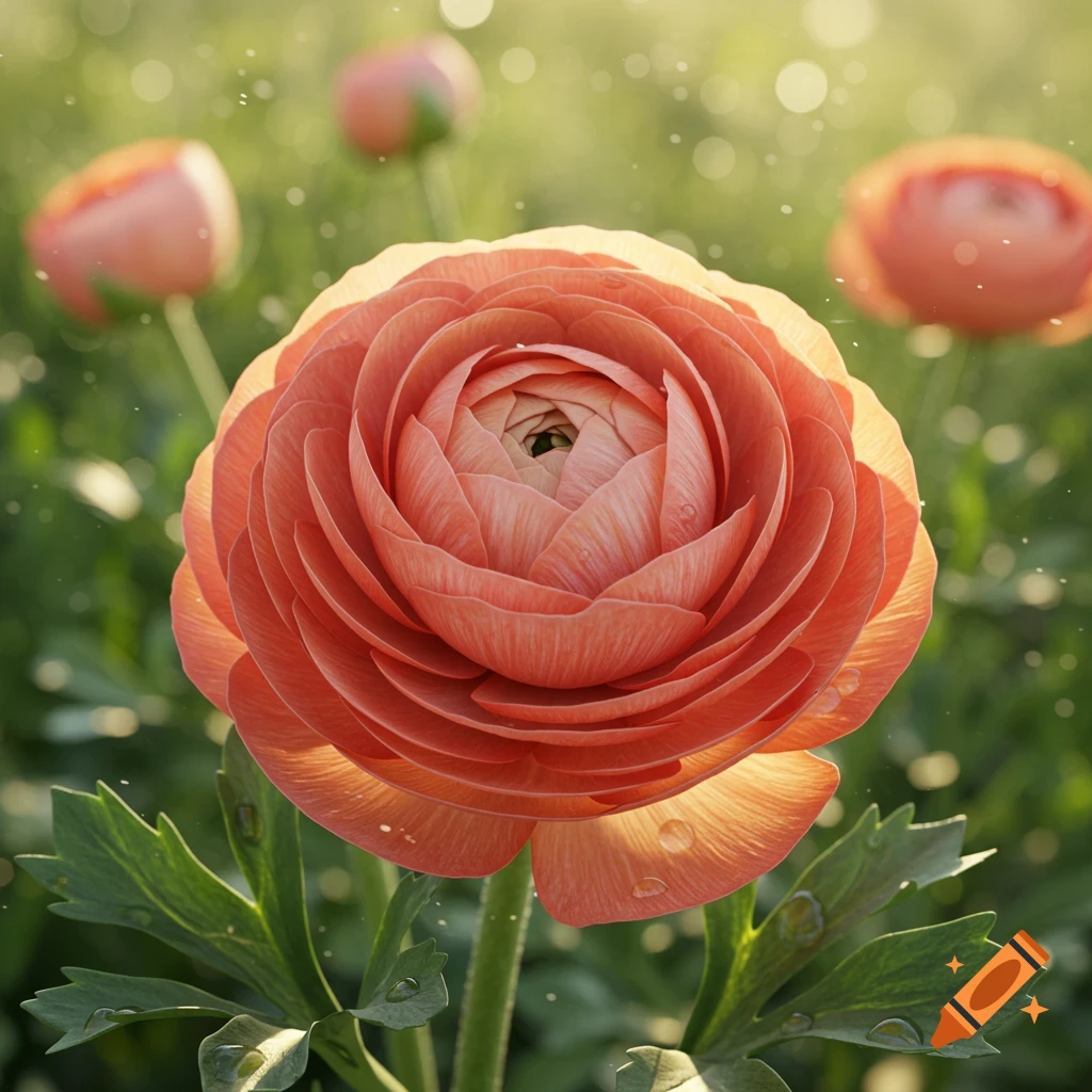 A close-up, photorealistic shot of a vibrant peach-colored ranunculus flower with visible water droplets, set against a blurred green background with sunlit bokeh.