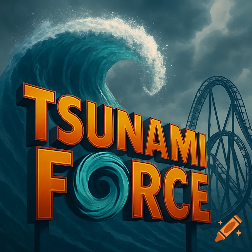 A vibrant sign for "Tsunami Force" roller coaster, with a huge wave and track, under a stormy sky. The 'O' in Force is a cyclone.