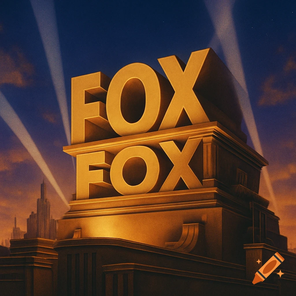 A golden, classic 20th Century Fox-style logo with stacked 'FOX' text, searchlights, and a cityscape at dusk.