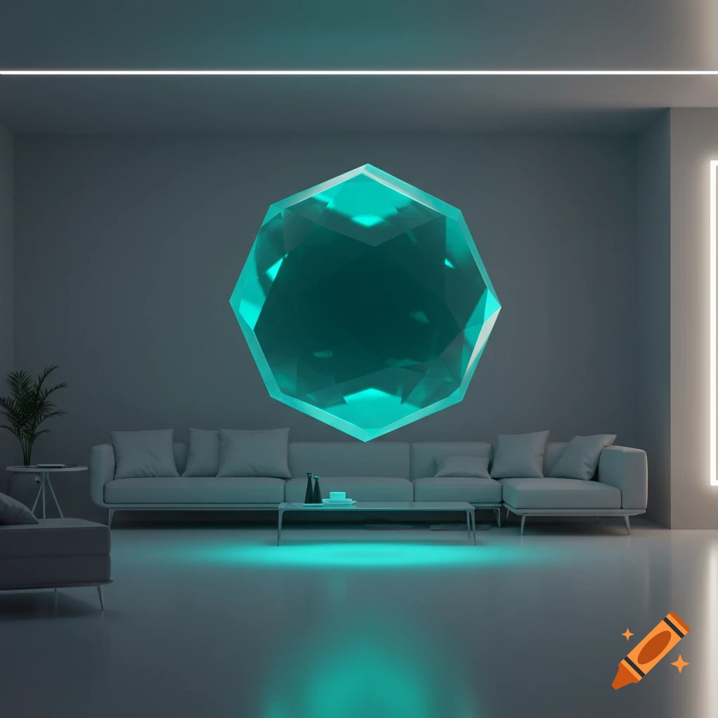 A large, glowing teal faceted plumbob floats centrally in a minimalist modern living room with white furniture.