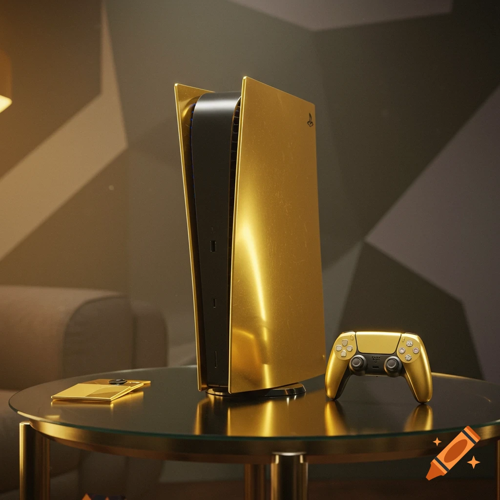 A gold PlayStation 5 console and controller on a glass table in a modern room, photorealistic.