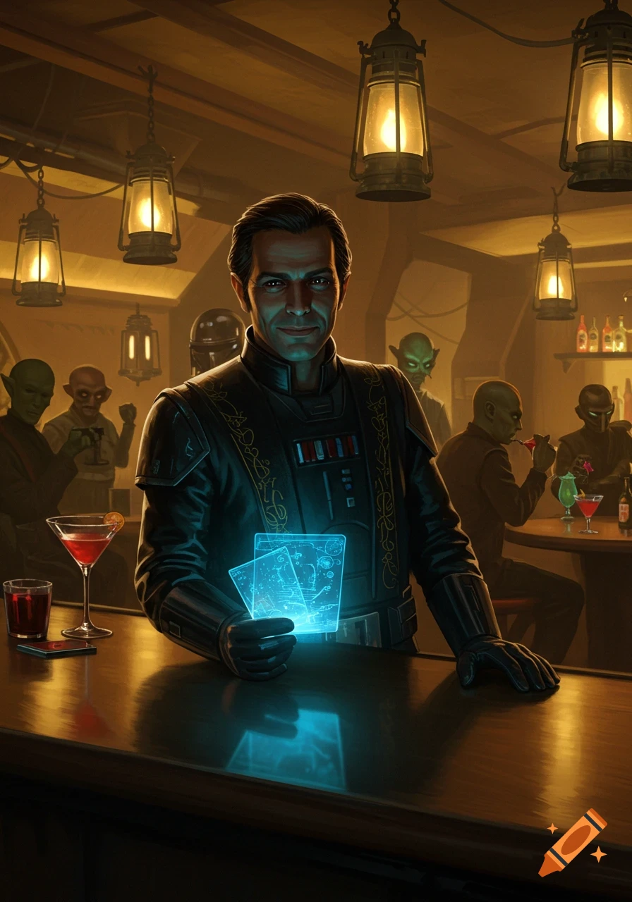 A man in a futuristic uniform holds glowing cards at a dimly lit bar with alien patrons, in a photorealistic style.
