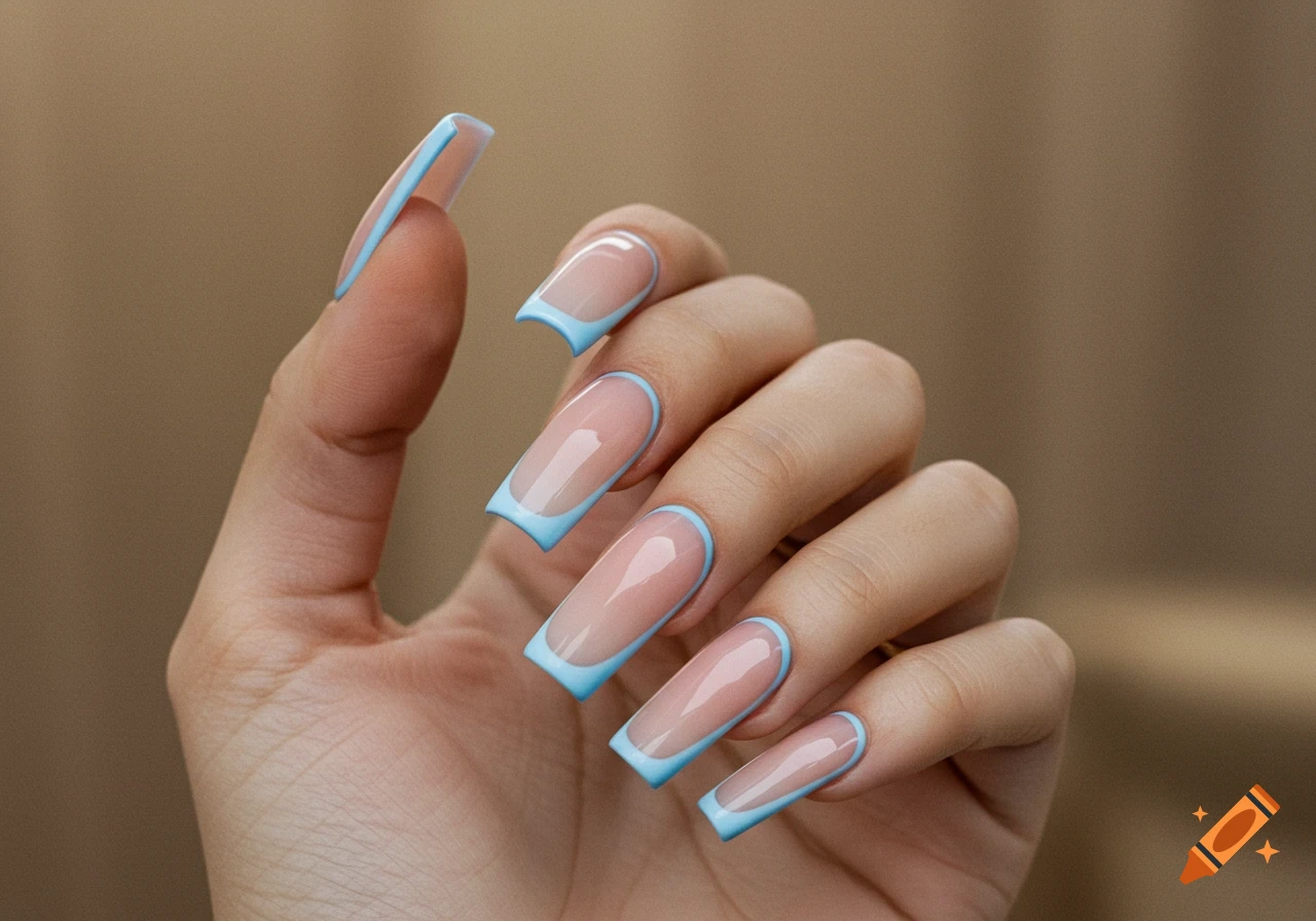 Close-up photo of a hand with long square acrylic nails with nude-pink bases and light blue French tips.