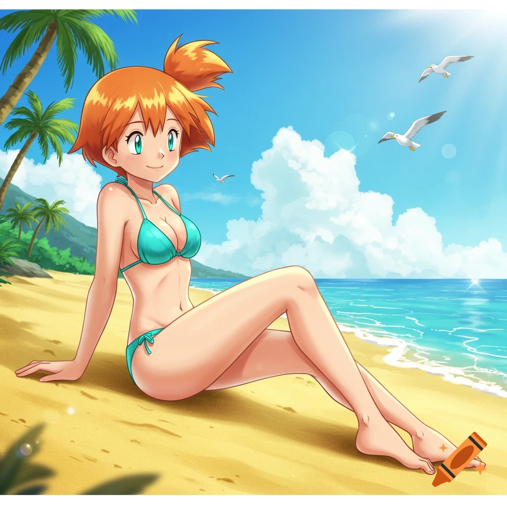 Misty from Pokemon in a teal bikini sits on a sandy beach under a sunny sky with palm trees and seagulls.