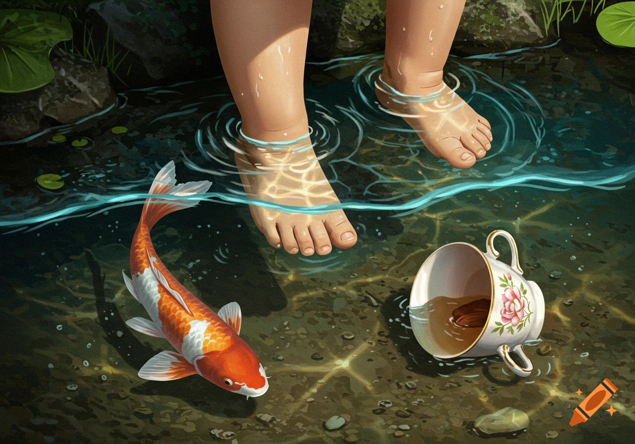 A child's bare feet in a pond next to a swimming koi fish and a submerged floral teacup, with sunlight reflections on the water.