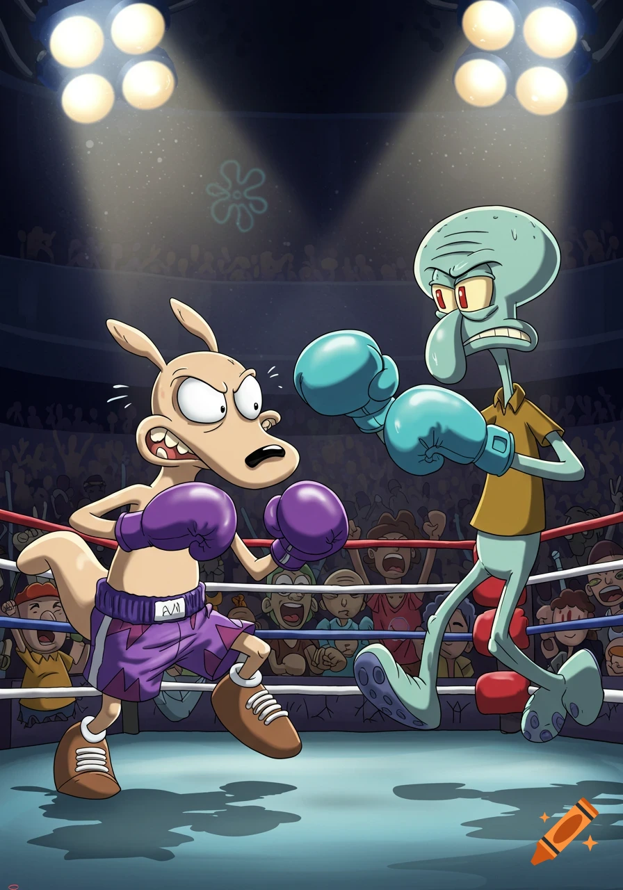 Cartoon characters Rocko and Squidward in boxing gear, facing each other in a ring with a cheering crowd.