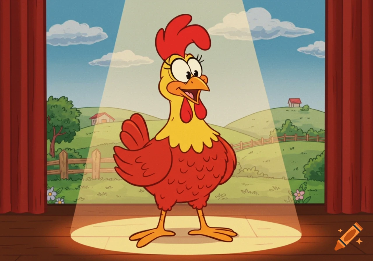 A cartoon chicken on a stage illuminated by a spotlight, with a farm background.