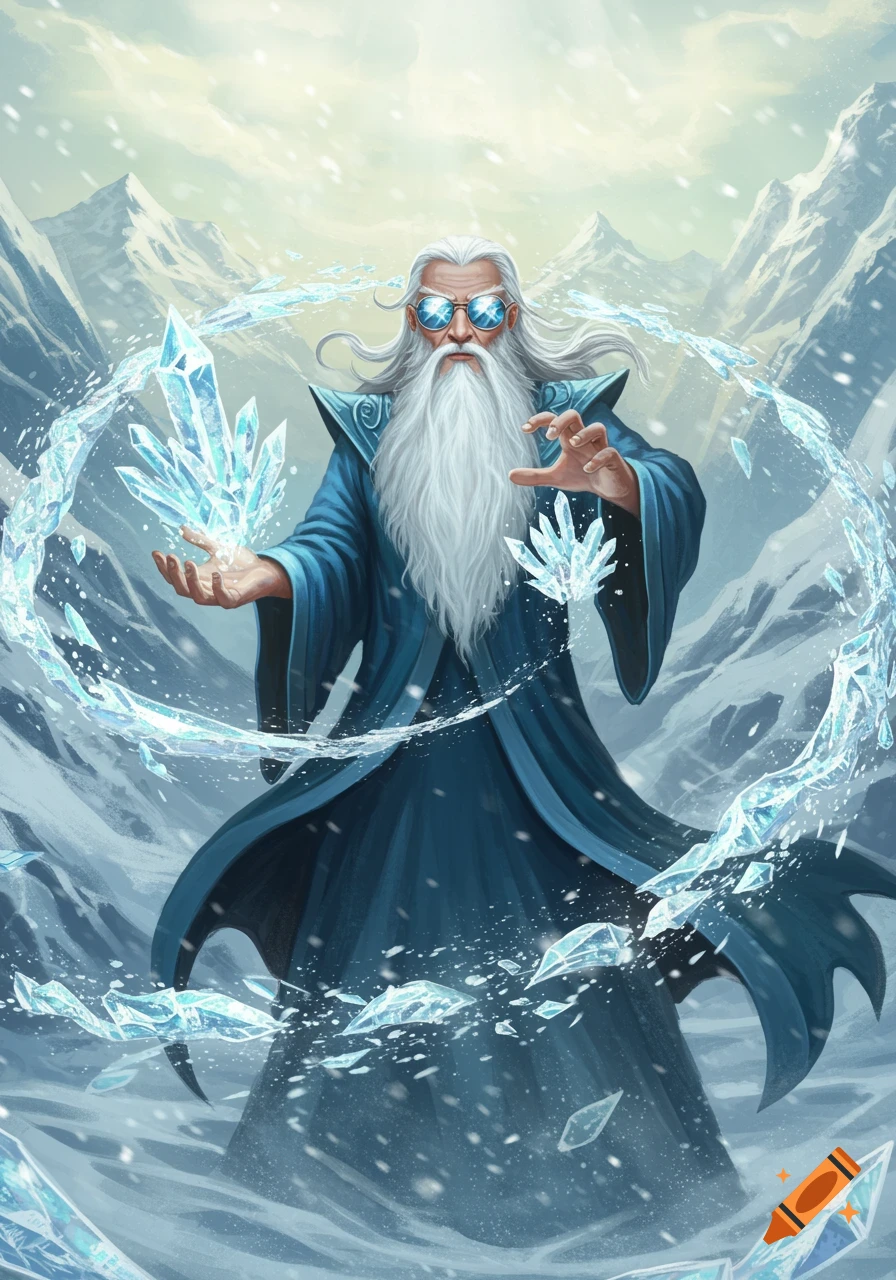 A powerful wizard with a long white beard and sunglasses casts ice magic, surrounded by crystals, in a snowy mountain setting.
