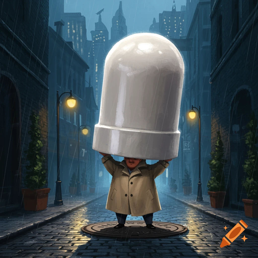 A small man in a trenchcoat holds a giant white pill over his head in a rainy, dark city street.