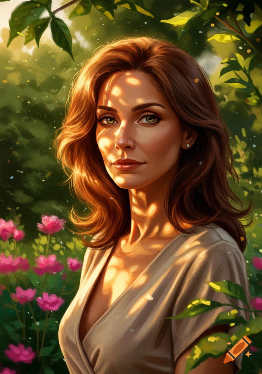 A painting of a woman with brown hair and green eyes, bathed in sunlight, standing in a lush garden with pink flowers.