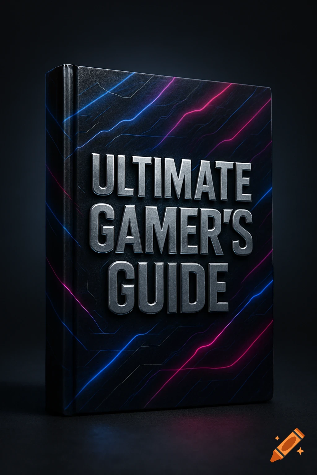 A photorealistic image of a hardbound book titled "ULTIMATE GAMER'S GUIDE" with glowing blue and pink lines on a black cover, set against a dark background.