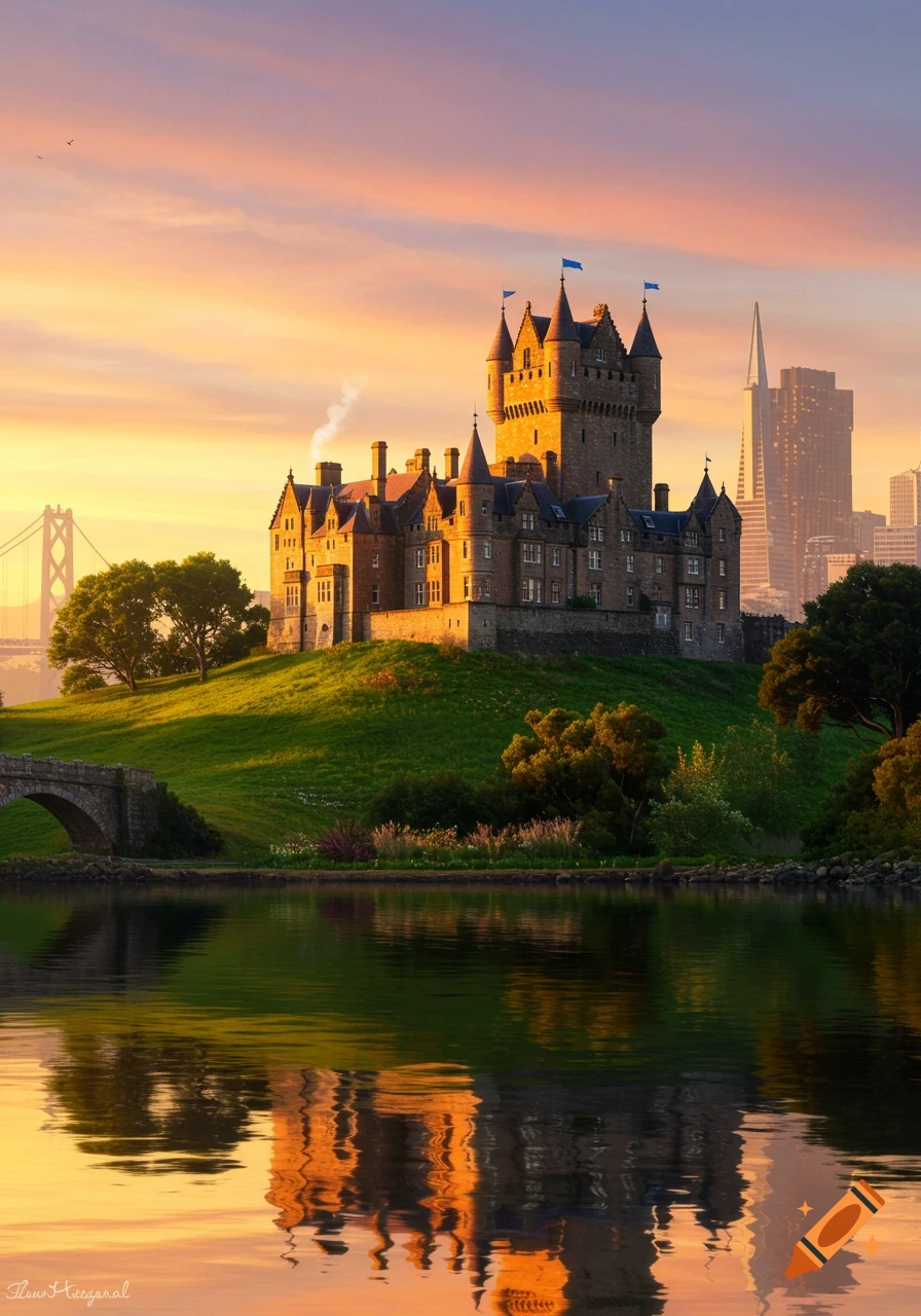 A photorealistic image of a Scottish castle on a green hill by a lake, with the San Francisco skyline and Bay Bridge in the background at sunset.