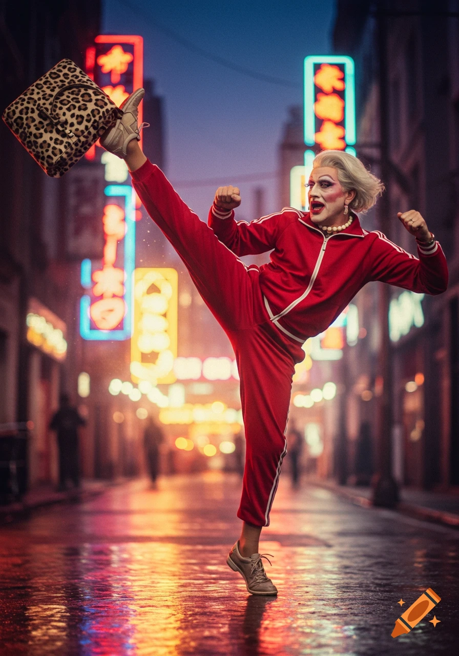 A person in drag wearing a red tracksuit does a high karate kick, holding a leopard print bag with their foot on a wet, neon-lit city street.