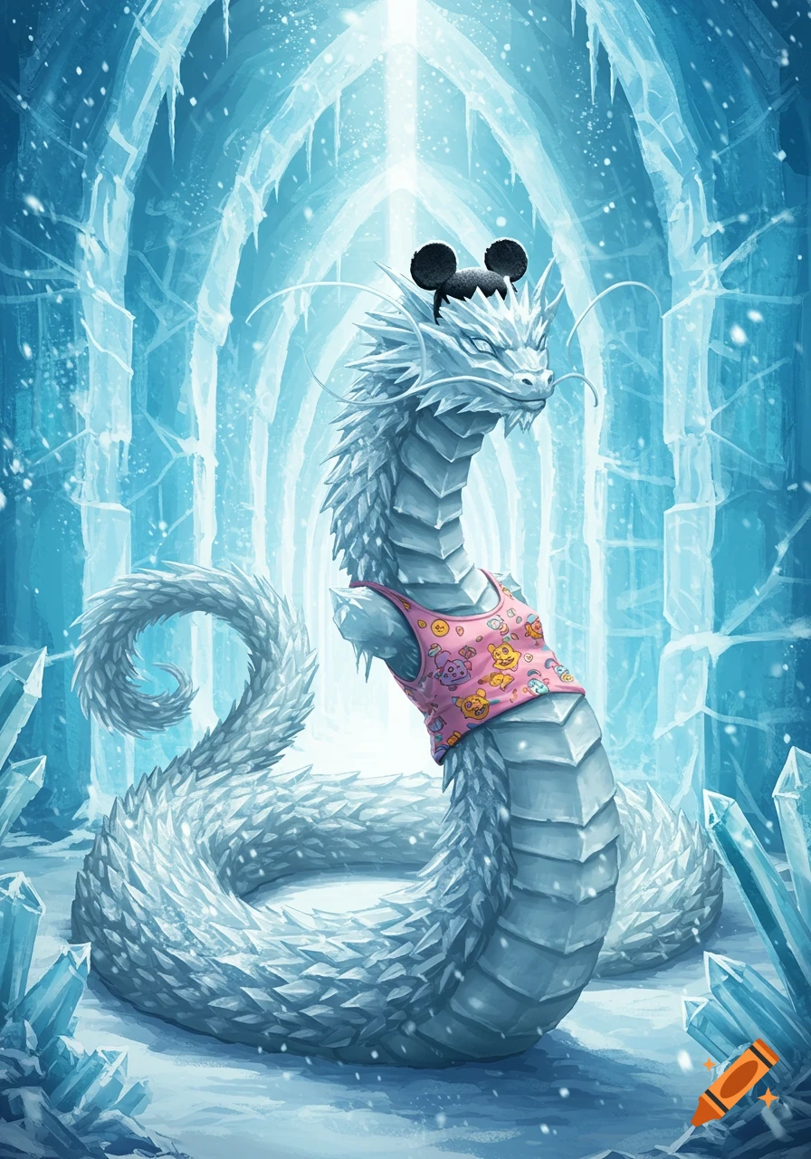 An ice dragon wearing a pink tank top and Mickey Mouse ears stands in a large, blue ice cavern with snow falling.