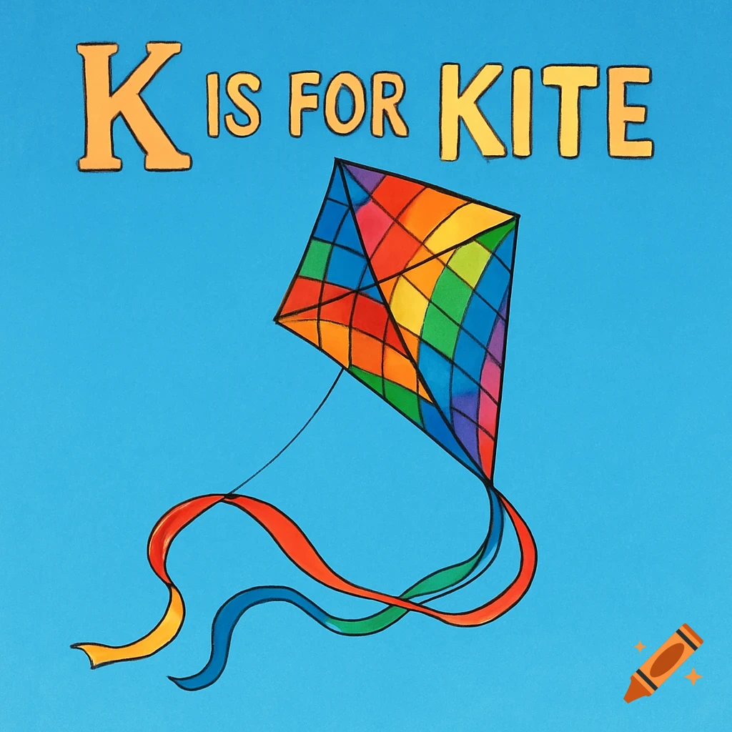 A colorful kite against a blue sky, with the orange text "K IS FOR KITE" at the top.