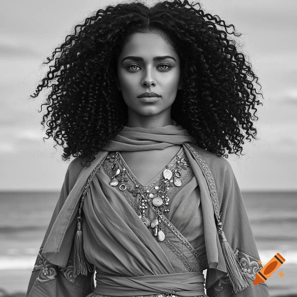 A black and white portrait of a woman with curly hair and striking green eyes, wearing an ornate, flowing dress with intricate jewelry by the ocean.