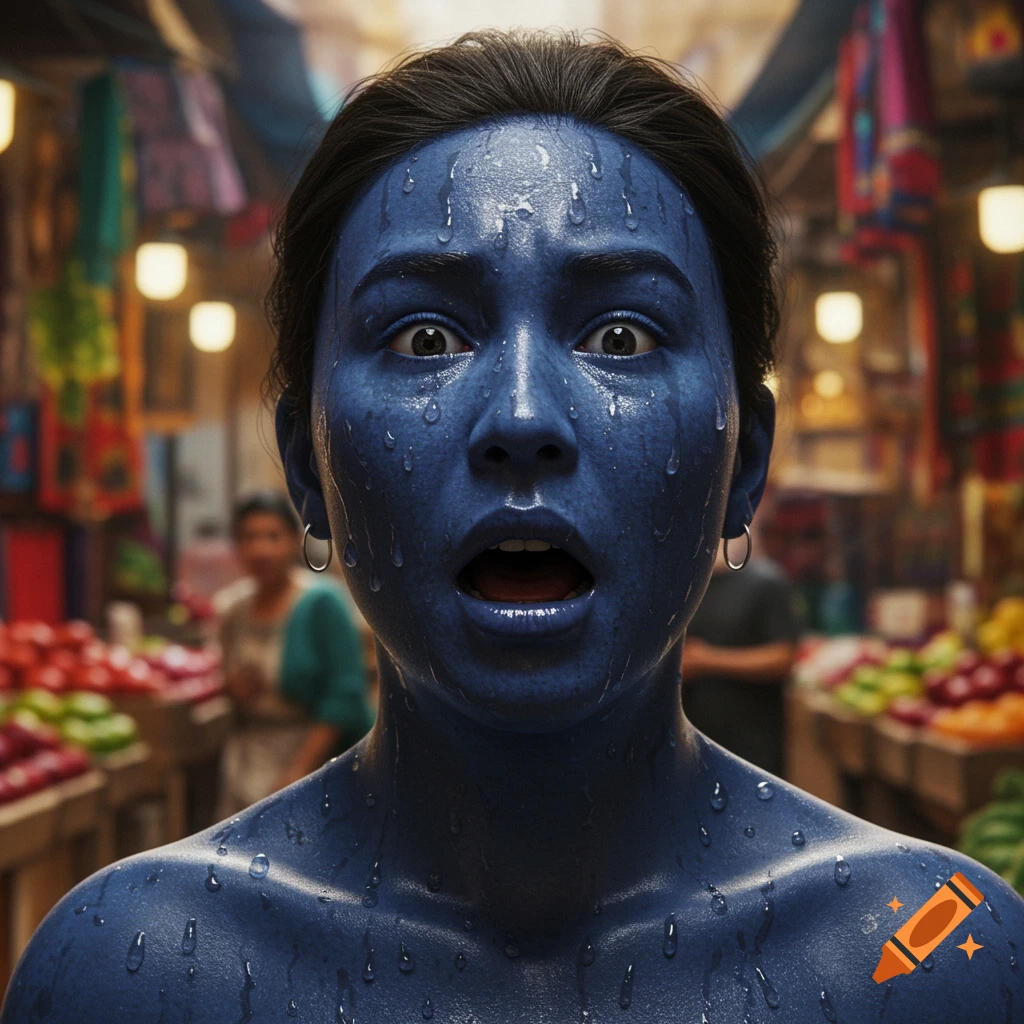 Close-up photorealistic portrait of a person with deep blue skin and sweat droplets on their face, looking surprised with an open mouth, in a blurred crowded market.