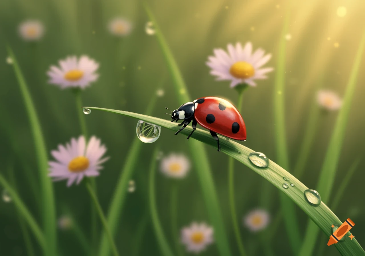 A vibrant red ladybug with black spots rests on a dewy green blade of grass, with blurred white daisies and golden light in the background.