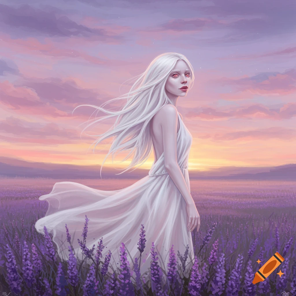 An albino woman with long white hair and red eyes stands in a vibrant purple lavender field at sunset, her white dress flowing in the breeze.