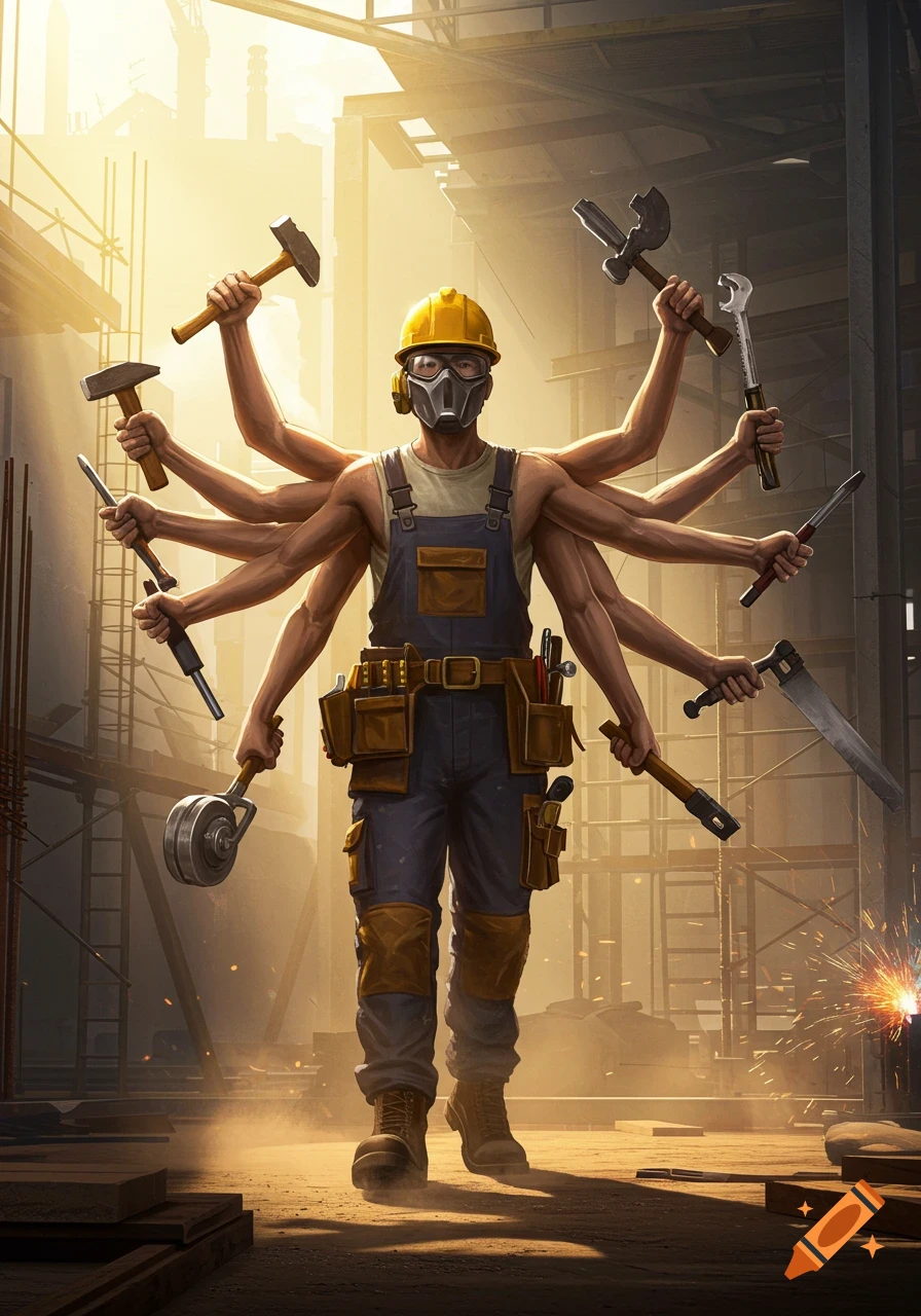 Multi-armed tradesperson in overalls, hard hat, and mask, holding various tools, standing in a sunny construction site.