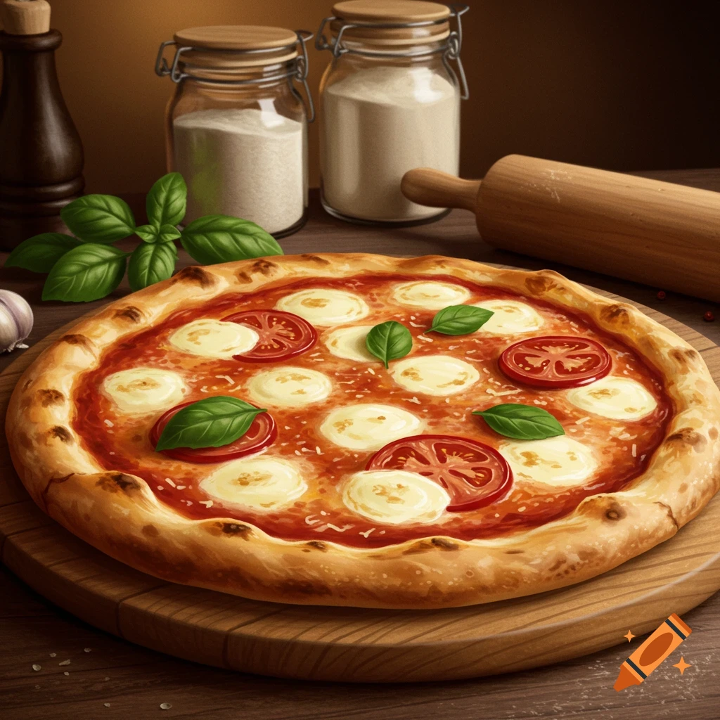 Photorealistic image of a fresh Margherita pizza with mozzarella, tomato slices, and basil on a wooden board, with kitchen ingredients in the background.
