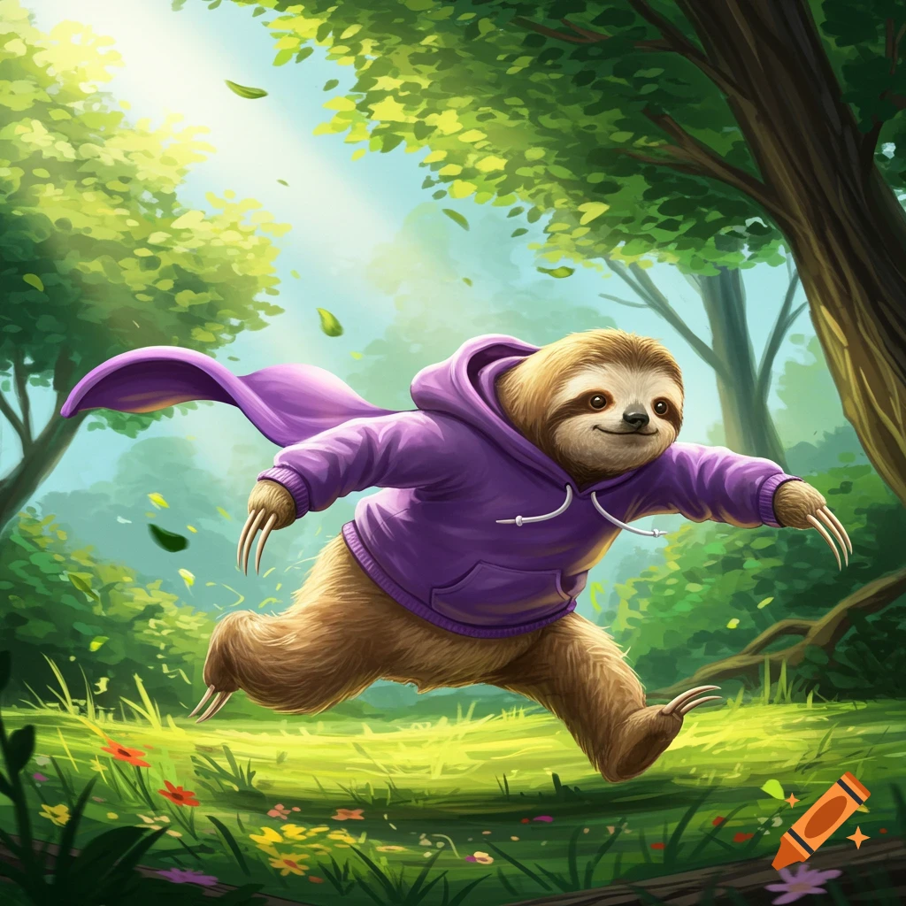 A happy cartoon sloth in a purple hoodie and cape runs through a sunny green forest with falling leaves.