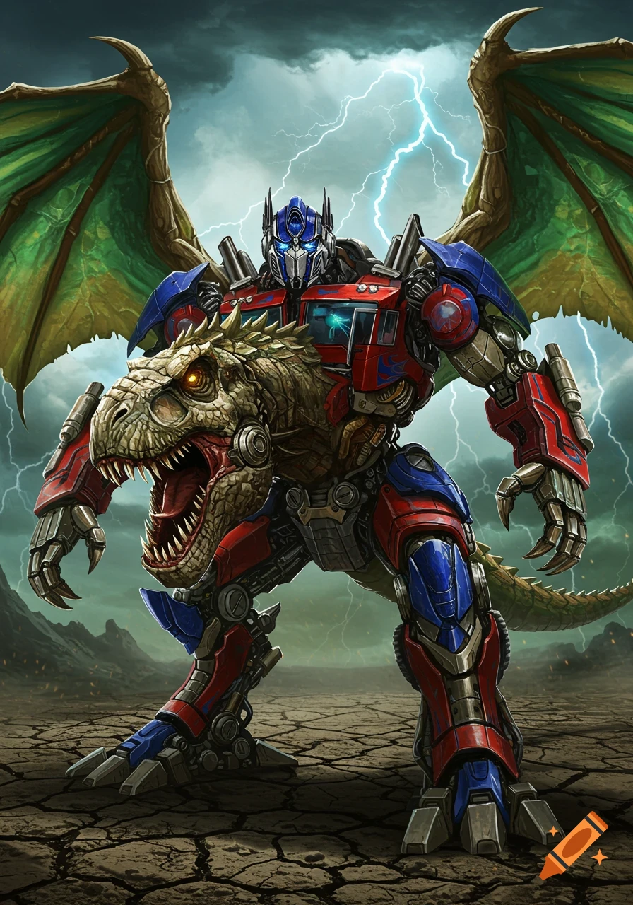 Optimus Prime-like robot with a T-Rex head chest plate and green dragon wings stands on cracked earth under a stormy, lightning-filled sky.