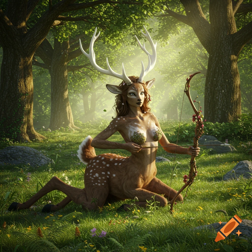 A photorealistic image of a female deer satyr with antlers sitting in a sunny forest, holding a wooden bow.