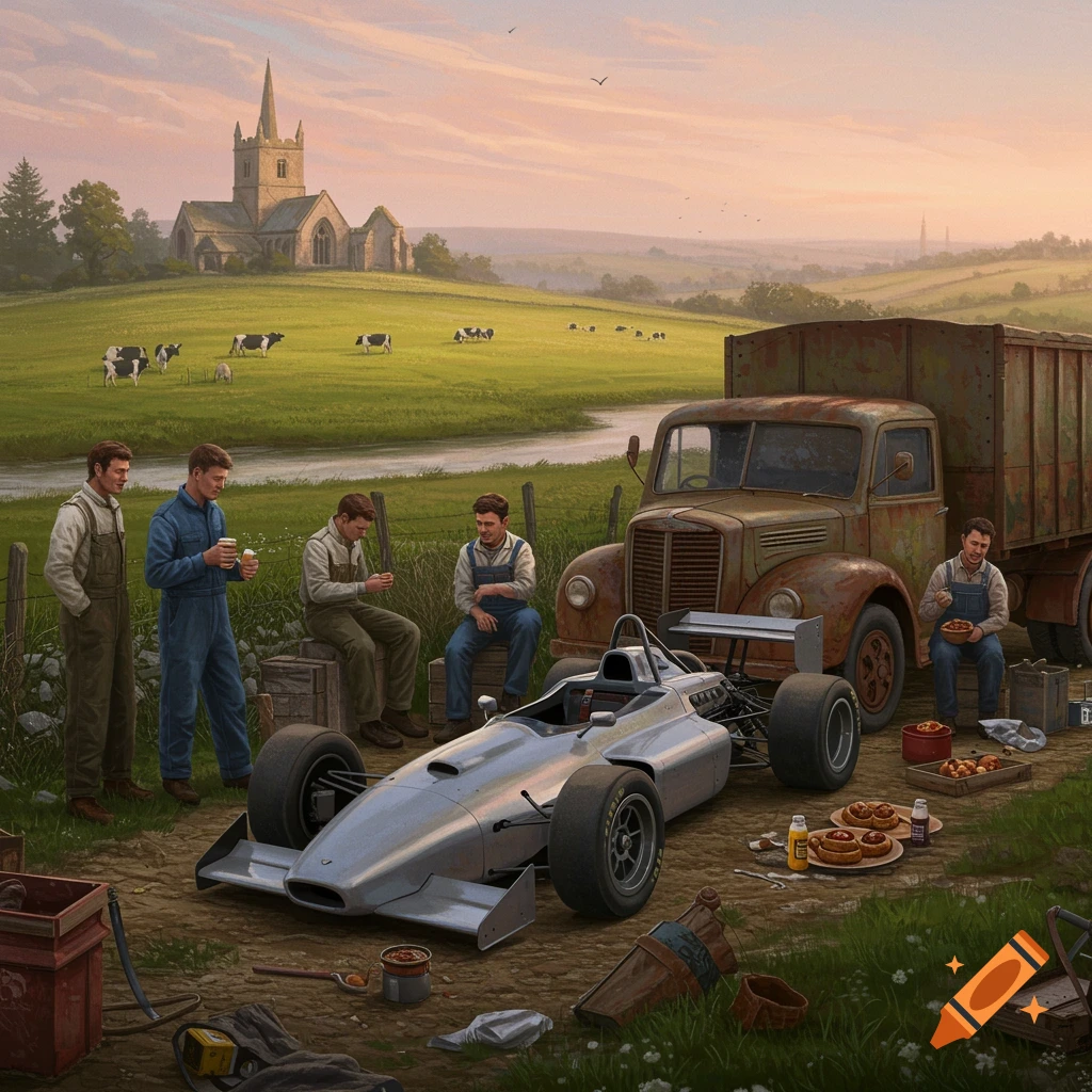 Mechanics gathered around a silver Formula 3 car and a rusty vintage lorry in a rural field with a church and cows in the background.