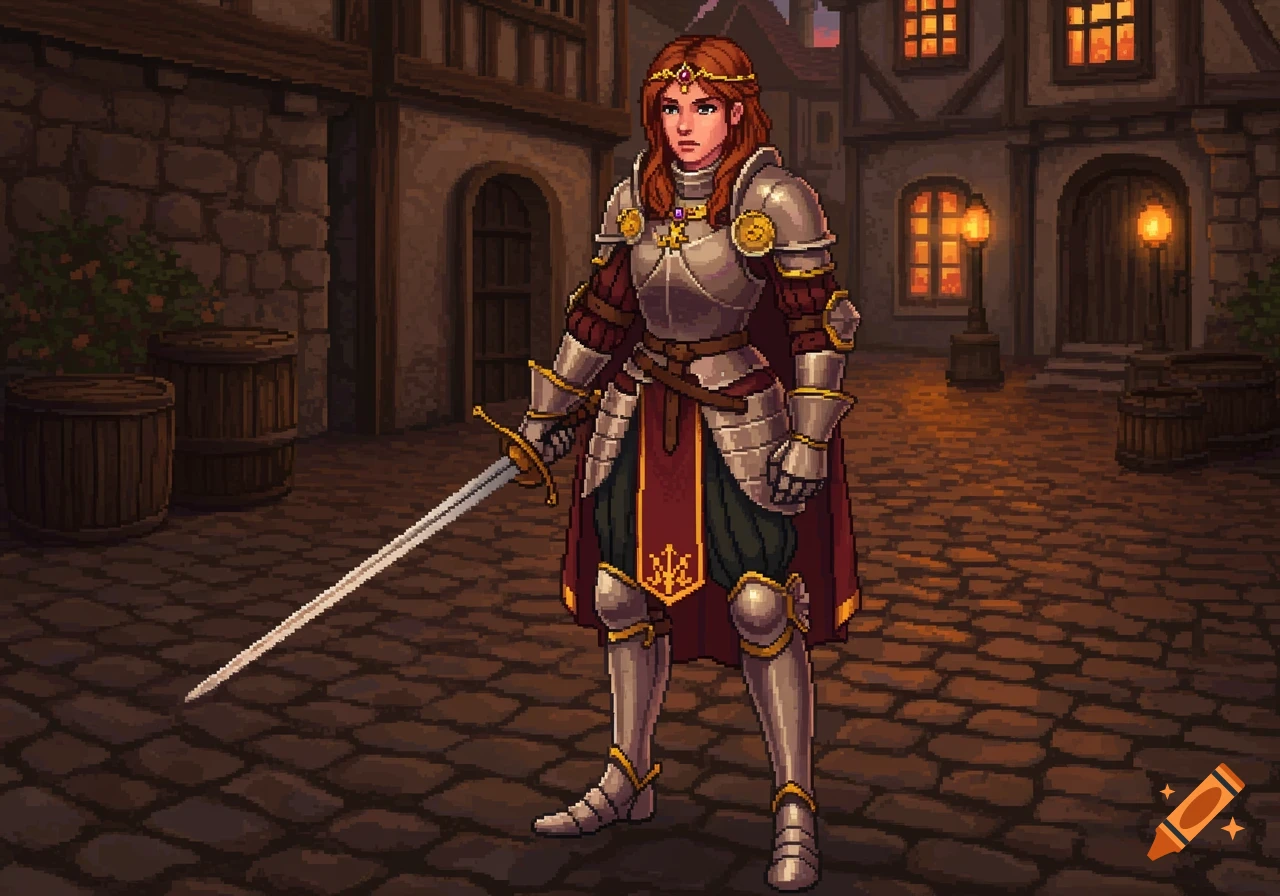 Pixel art of a female knight in silver armor with a sword, standing in a medieval town at dusk.