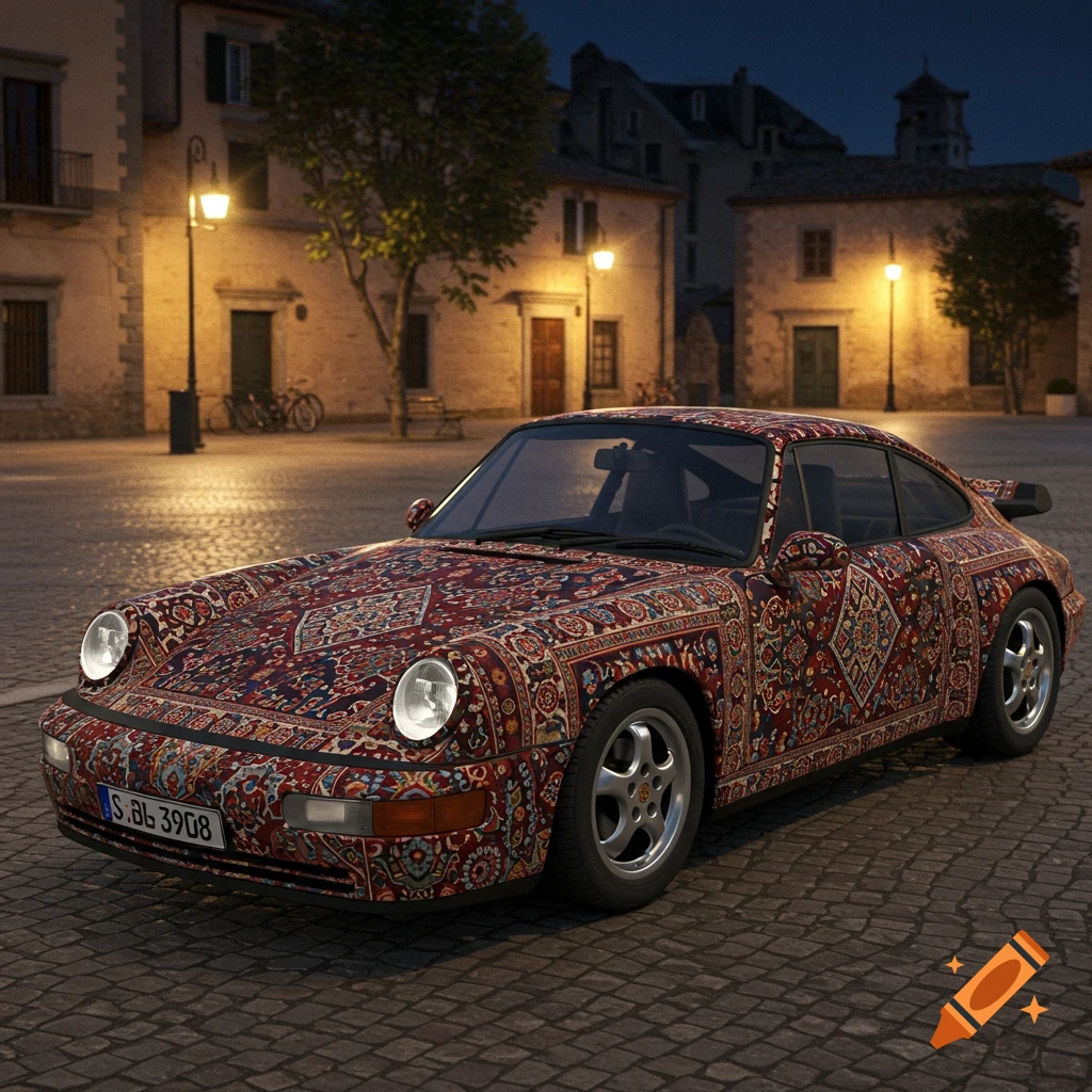 A Porsche 911 covered in a detailed Persian rug pattern, parked on cobblestones in a European town square at dusk.