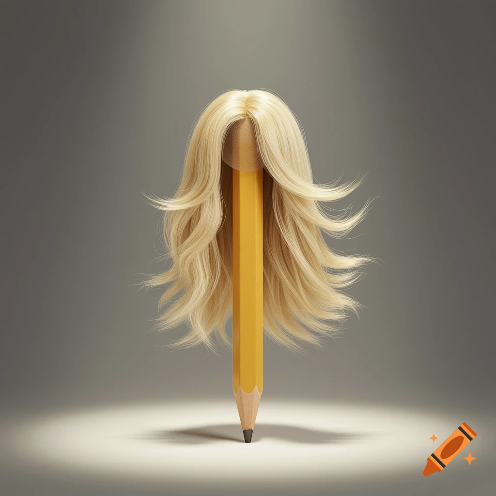 A yellow pencil standing upright with a blonde wig on its top, spotlit against a gray background.
