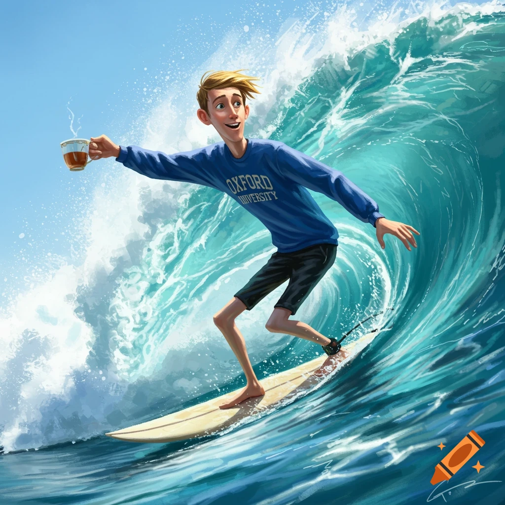 A cartoon man with blond hair in a blue "Oxford University" sweatshirt surfs a large ocean wave while holding out a teacup.