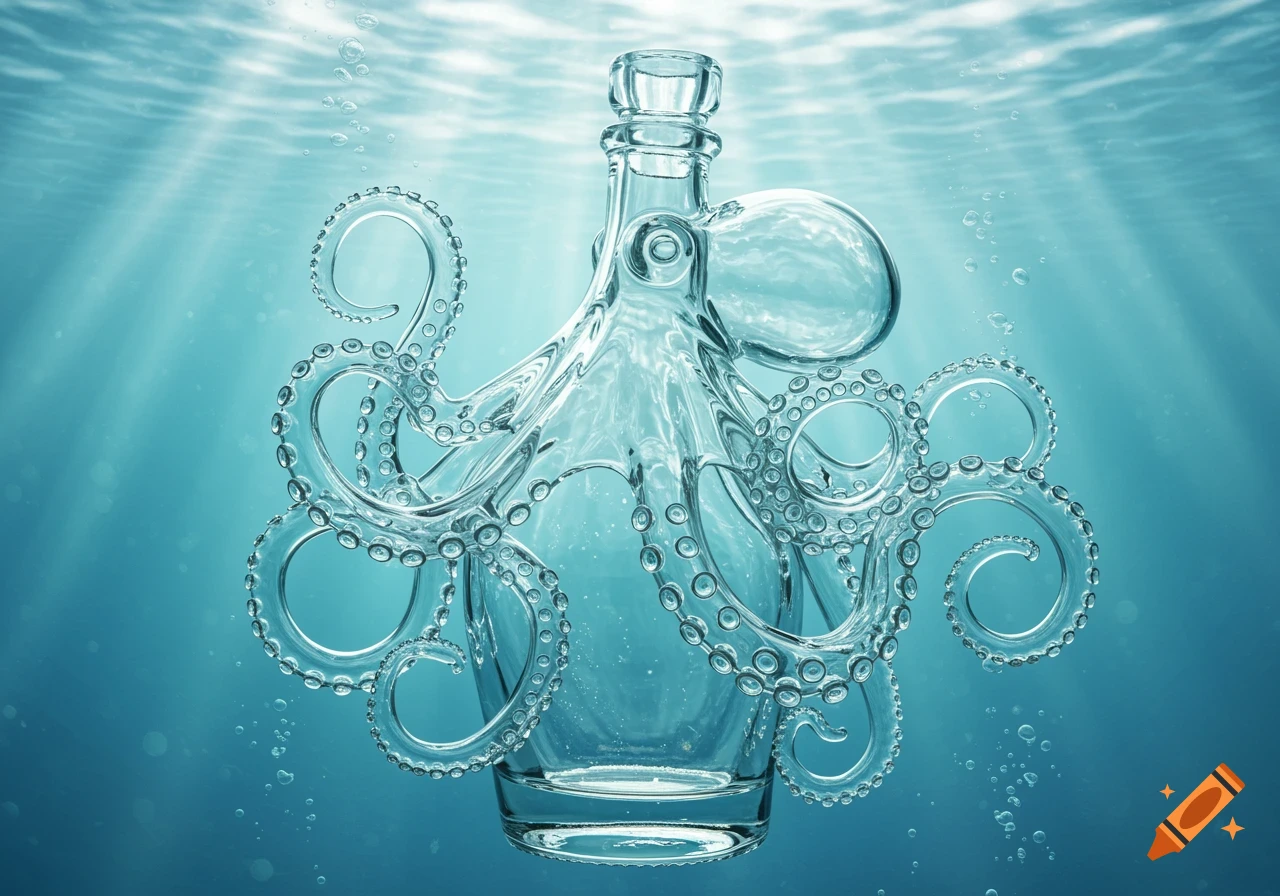 Photorealistic glass octopus bottle submerged in clear blue water with sunrays and bubbles.