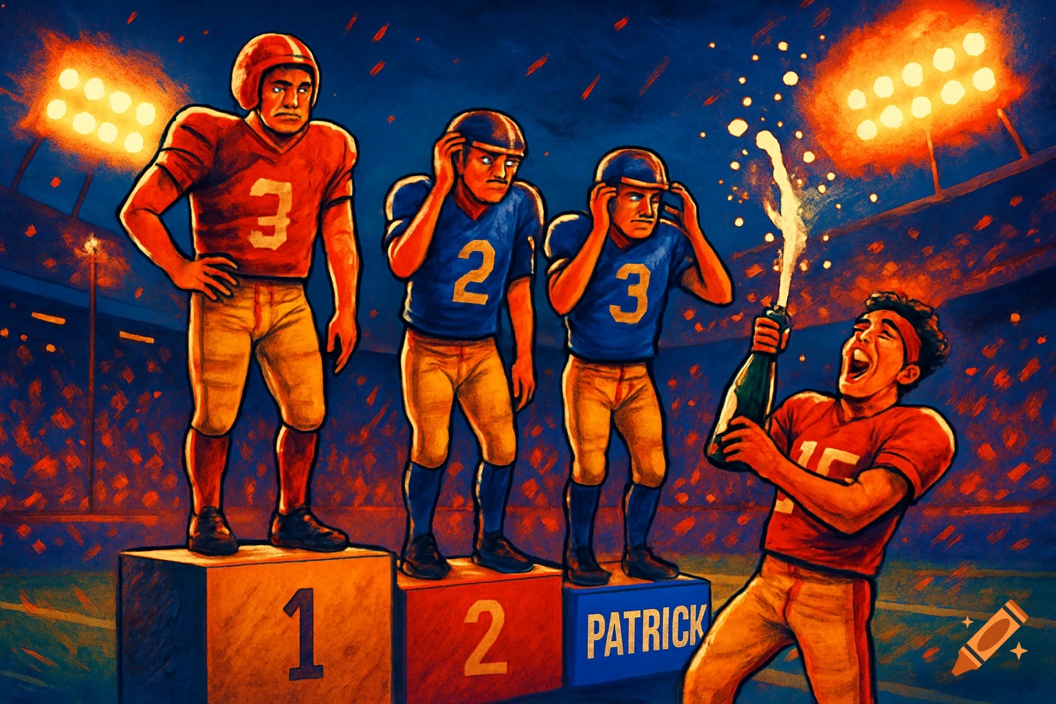 An oil painting of four football players on podiums at a stadium. Three players on podiums labeled 1, 2, and Patrick look annoyed as one player on the Patrick podium pops champagne.
