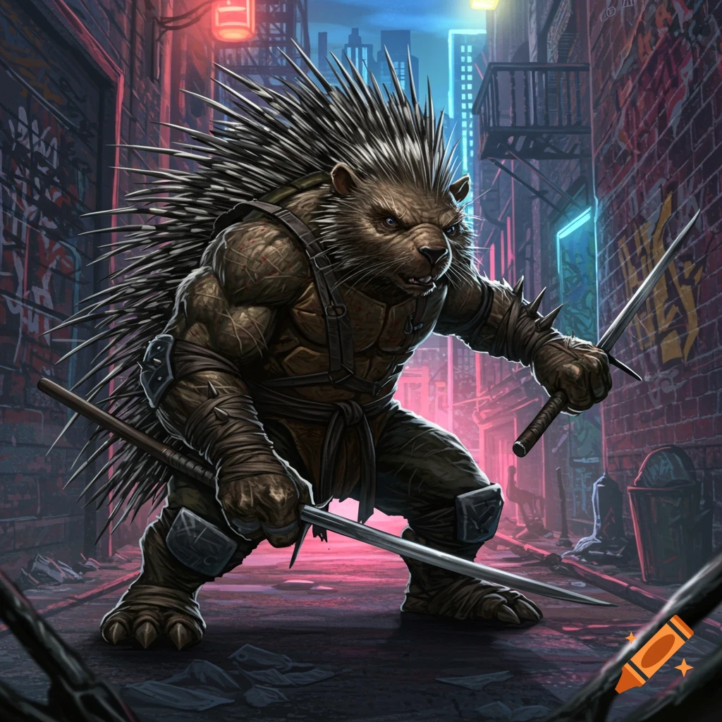 A muscular, anthropomorphic porcupine with large quills holds two swords in a dark, graffiti-filled urban alley, depicted in a comic book style.